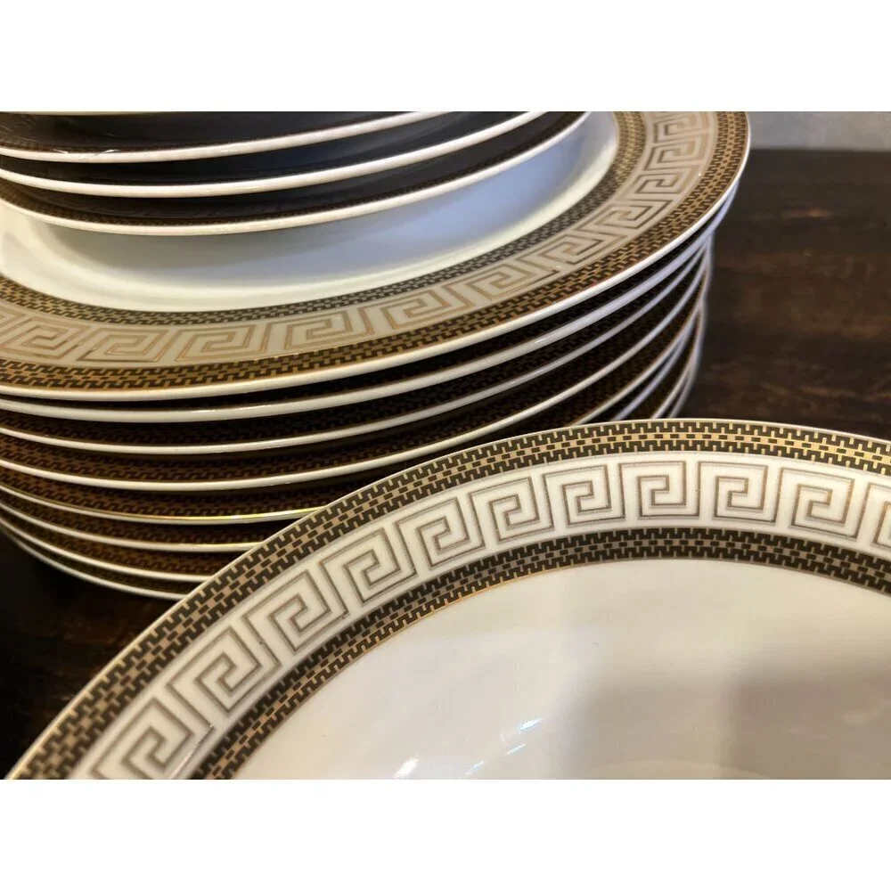 28 Piece Vintage Chattanooga Dining Set with Gold Greek Key Accents